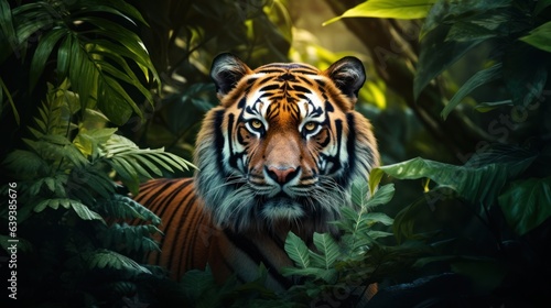 Portrait of beautiful tiger in the deep jungle forest background. Sketchbook cover template. Big cat illustration. Generated with AI.