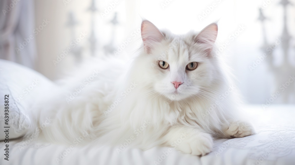 Cute Norwegian Forest Cat peacefully resting on bed in cozy well lit bedroom. Indoor background.