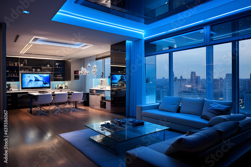 Modern luxury apartment with bright blue light