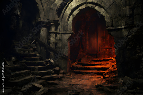 Spooky old doorway leads to abandoned dungeon photo
