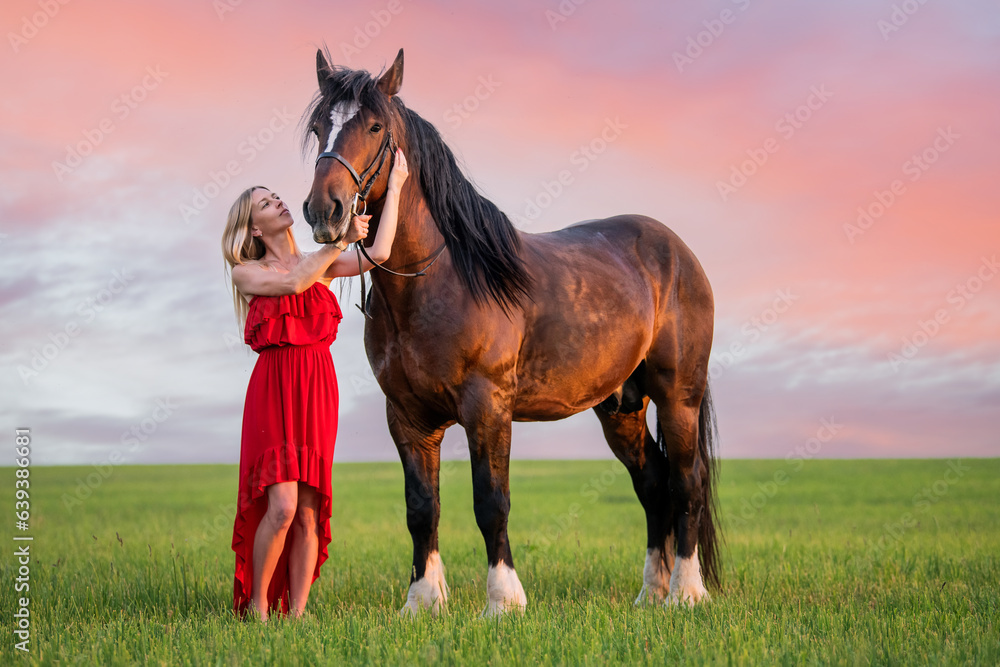 A young woman in a red dress walks with a horse in a field at sunset A young woman in a red dress walks with a horse in a field at sunset