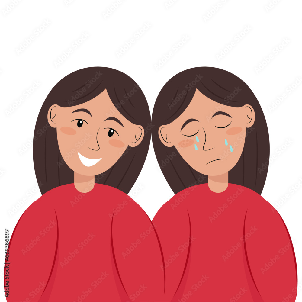 Two opposite states of man. Cheerful and sad girl. Psychological problems, mental health