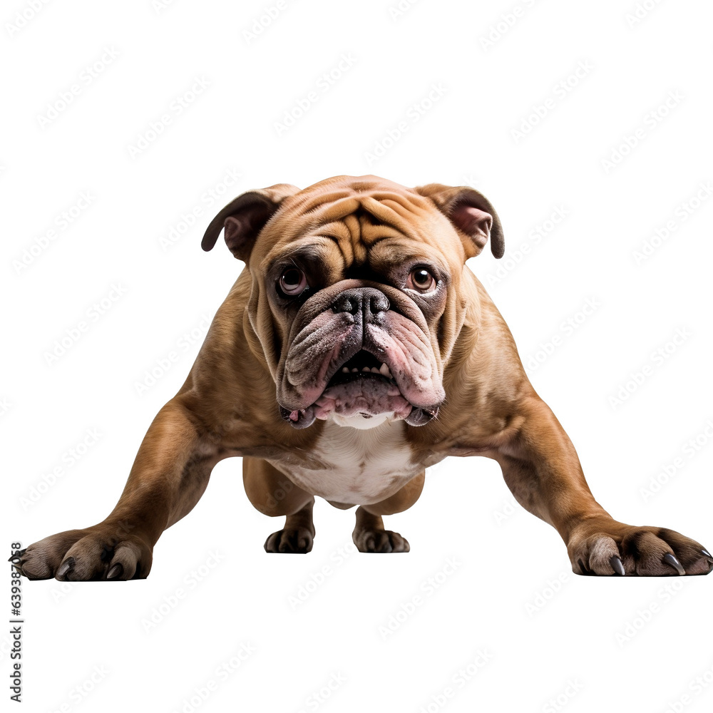 Dog bodybuilder cute dog doing push ups. Ready to attack or run. Isolated on Transparent background.