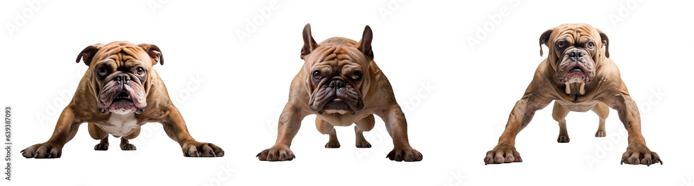 Three Dog bodybuilder cute dog doing push ups. Ready to attack or run. Isolated on Transparent background. 