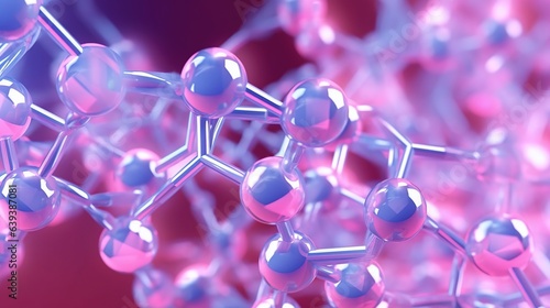 Complex molecular structure with spherical particles. Futuristic technology style. Generative AI. Illustration for banner, poster, cover, brochure or presentation.