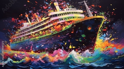 Cruise ship in the ocean. Concept tourism travel. Painting of a liner on sea waves in the style of impressionism. Digital art. Illustration for cover, card, postcard, interior design, decor or print.