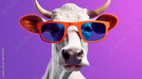 A stylish cow wearing red glasses against © LabirintStudio