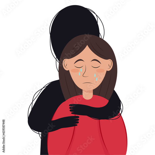 A black silhouette hugs a crying girl. Depression. Psychological illness.