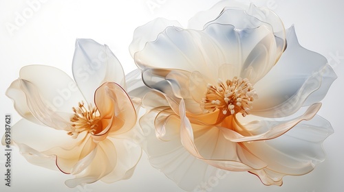  two white flowers with orange centers on a white background with a light reflection. generative ai