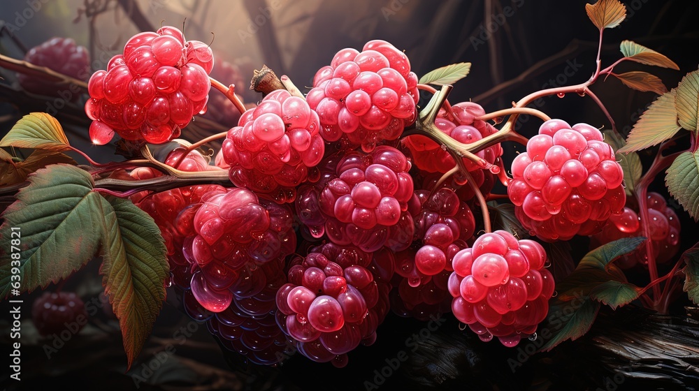 a bunch of red berries hanging from a branch with leaves. generative ai a bunch of red berries hanging from a branch with leaves. generative ai