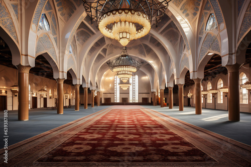 View of inside mosque with a large carpet photo