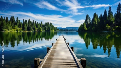  a dock on a calm lake with trees in the background. generative ai