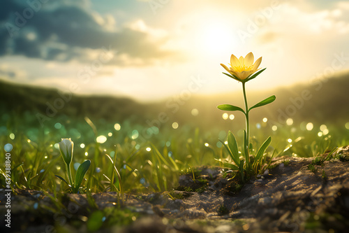 A flower in a field with sun on background
