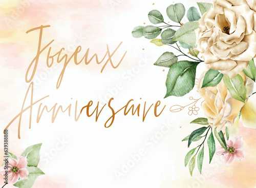 carte ou bandeau pour souhaiter un joyeux anniversaire en or  sur un fond en dégradé allant de blanc à beige et autour des fleurs de couleur beige et rose