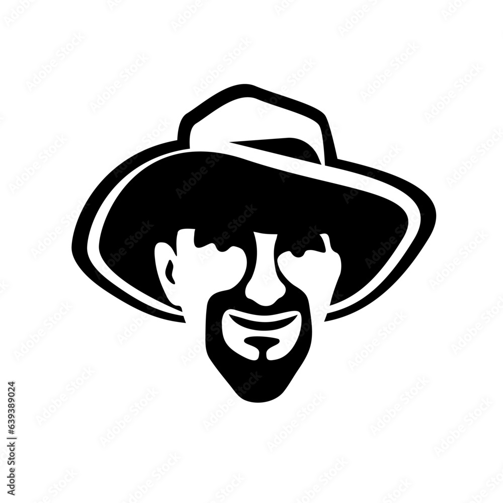 Kind man in hat with beard as portrait of happy farmer in hat. Black and white vintage style emblem for human logo element, detective agency, label design, logos, badges. Kind man in hat with beard as portrait of happy farmer in hat. Black and white vintage style emblem for human logo element, detective agency, label design, logos, badges.