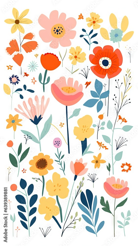 Fleurs, feuilles, plantes et papillons volants multicolores abstraits sans couture. Vecteurs de motif isolés sur fond blanc, illustration panoramique prairie d'été. IA générative, générative, IA.