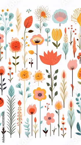 Fleurs, feuilles, plantes et papillons volants multicolores abstraits sans couture. Vecteurs de motif isolés sur fond blanc, illustration panoramique prairie d'été. IA générative, générative, IA.