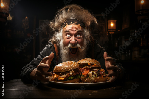 portrait of fat funny man eating big tasty burger