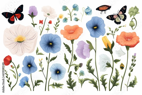 Fleurs, feuilles, plantes et papillons volants multicolores abstraits sans couture. Vecteurs de motif isolés sur fond blanc, illustration panoramique prairie d'été. IA générative, générative, IA. photo