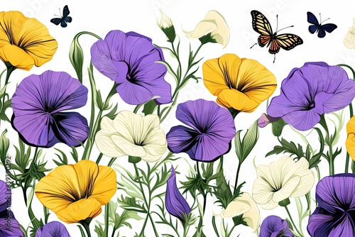 Fleurs, feuilles, plantes et papillons volants multicolores abstraits sans couture. Vecteurs de motif isolés sur fond blanc, illustration panoramique prairie d'été. IA générative, générative, IA. photo