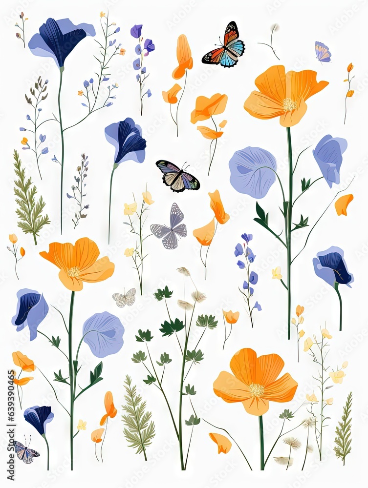 Fleurs, feuilles, plantes et papillons volants multicolores abstraits sans couture. Vecteurs de motif isolés sur fond blanc, illustration panoramique prairie d'été. IA générative, générative, IA.