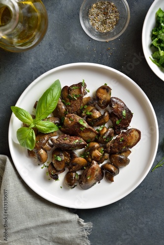 Fried chicken liver with mushrooms