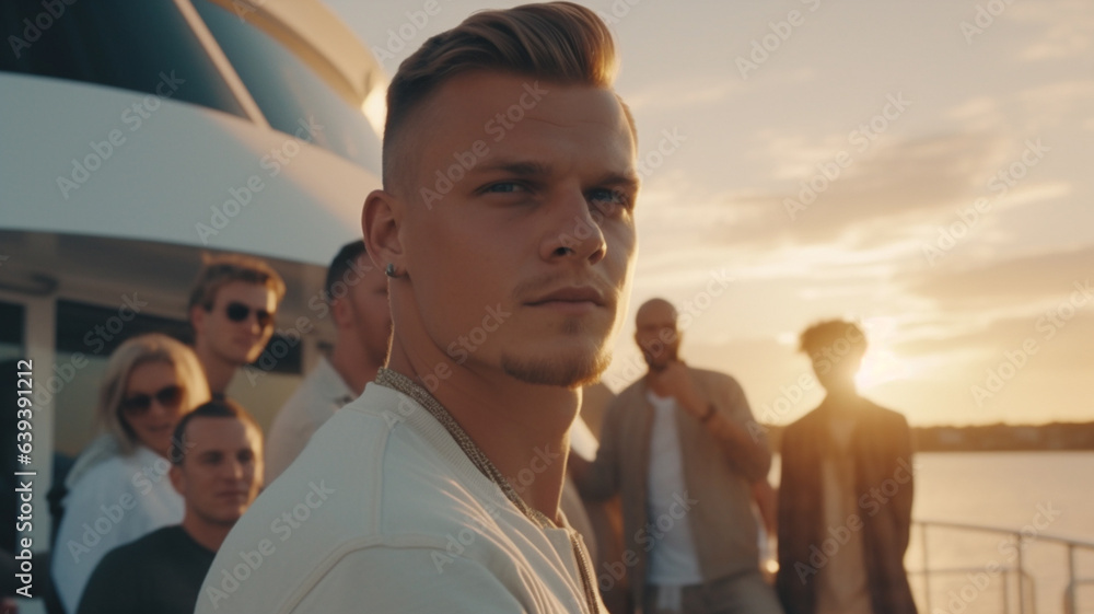Wealth and luxury, life as the super rich, with friends on a luxury yacht, at sunset, adult man 30s, with friends in group Wealth and luxury, life as the super rich, with friends on a luxury yacht, at sunset, adult man 30s, with friends in group