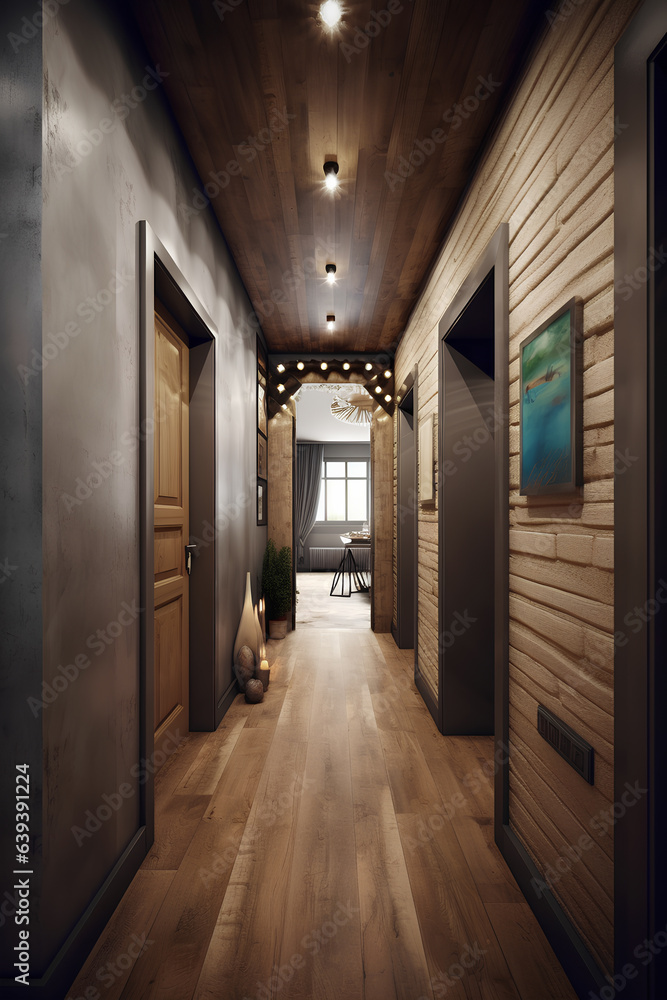 Eco style hallway interior in modern house.