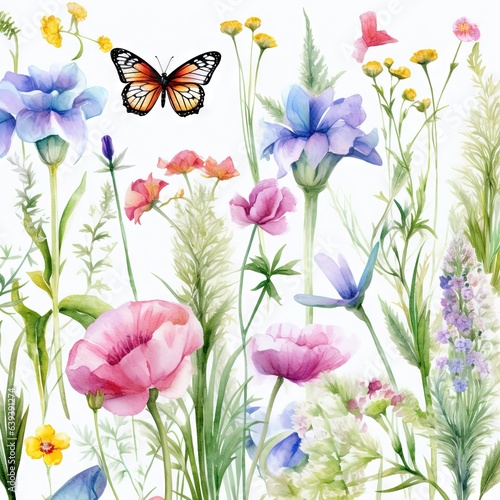 Fleurs, feuilles, plantes et papillons volants multicolores abstraits sans couture. Vecteurs de motif isolés sur fond blanc, illustration panoramique prairie d'été. IA générative, générative, IA. © MiniMaxi