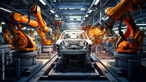 An automotive production line with robotic arms in a high technology assembly plant. Created with generative AI technology.