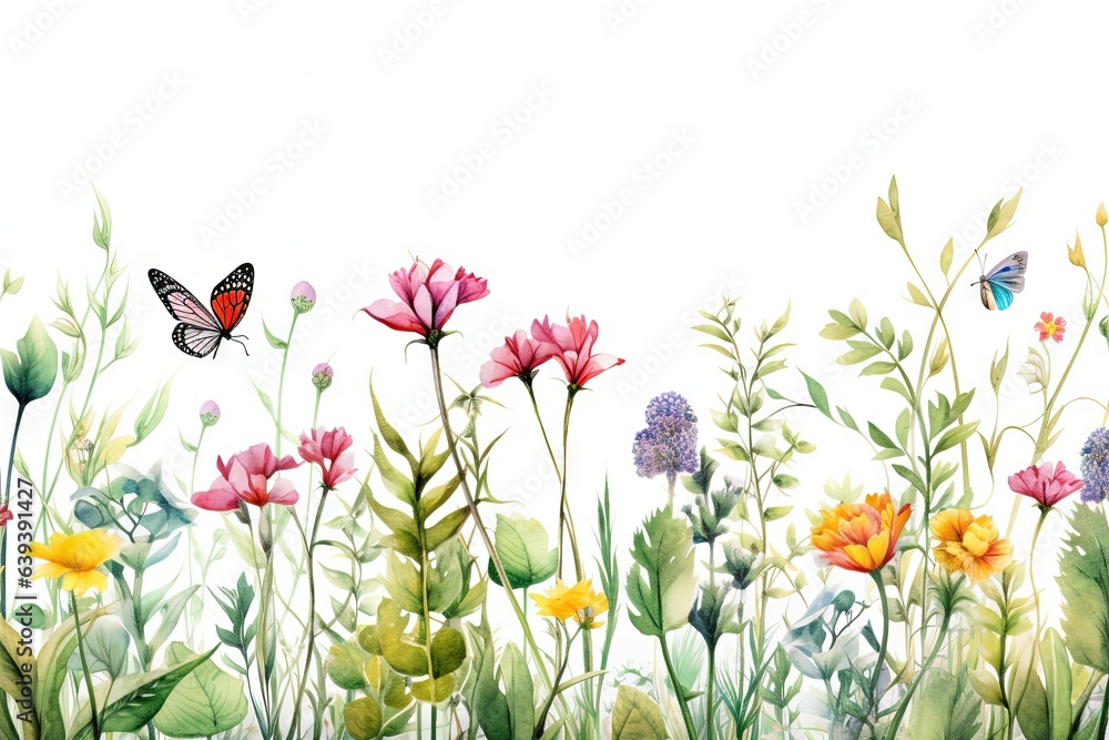 Fototapeta premium Fleurs, feuilles, plantes et papillons volants multicolores abstraits sans couture. Vecteurs de motif isolés sur fond blanc, illustration panoramique prairie d'été. IA générative, générative, IA.