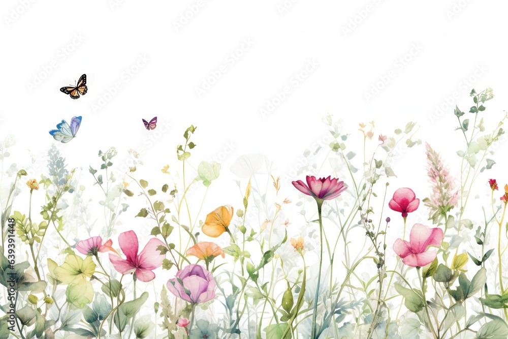 Fleurs, feuilles, plantes et papillons volants multicolores abstraits sans couture. Vecteurs de motif isolés sur fond blanc, illustration panoramique prairie d'été. IA générative, générative, IA. - obrazy, fototapety, plakaty 