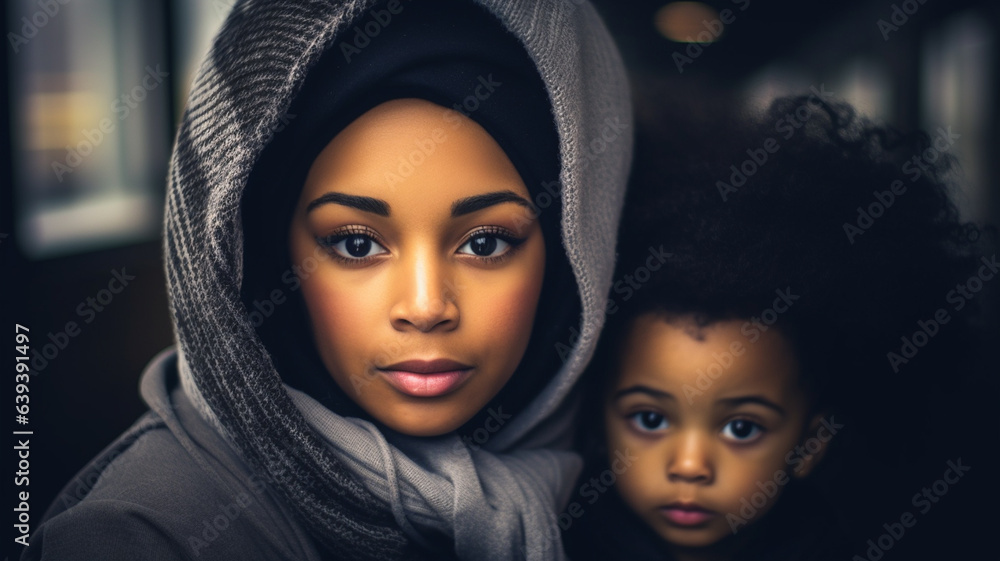 mature adult woman with tanned skin tone, with her child, daughter toddler girl, arab or african or multiracial, in a dark room by day, dramatic or worried mature adult woman with tanned skin tone, with her child, daughter toddler girl, arab or african or multiracial, in a dark room by day, dramatic or worried