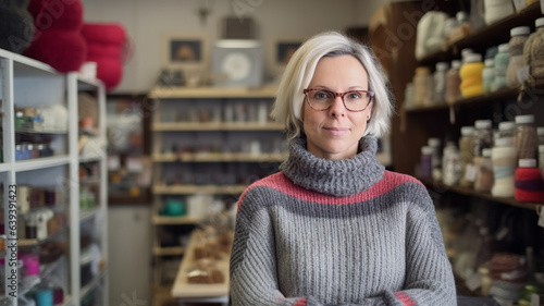 everyday life of a salesperson in a fabric and sewing shop, yarn and wool, caucasian mature woman, slender, wears a winter sweater
