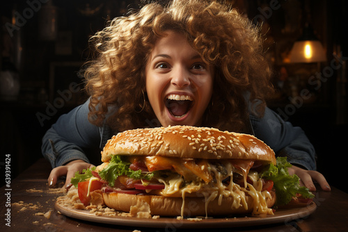 portrait of fat funny wo man eating big tasty burger photo