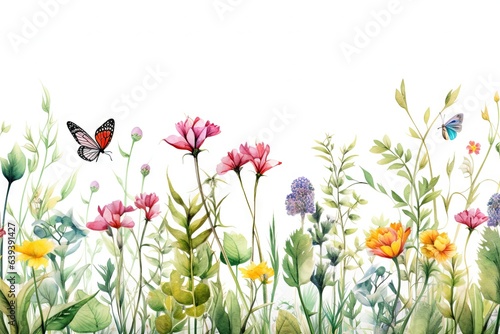 Fleurs, feuilles, plantes et papillons volants multicolores abstraits sans couture. Vecteurs de motif isolés sur fond blanc, illustration panoramique prairie d'été. IA générative, générative, IA. © Merilno