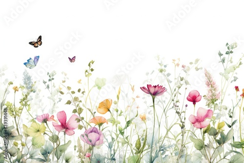 Fototapeta Fleurs, feuilles, plantes et papillons volants multicolores abstraits sans couture. Vecteurs de motif isolés sur fond blanc, illustration panoramique prairie d'été. IA générative, générative, IA.