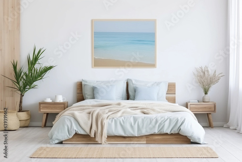 Modern nautical bedroom interior. Wooden double bed with pillows. Abstract light blue sea landscape wall art on a white wall. © Iryna