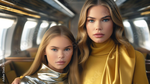 in the luxurious train to the very back, mature adult woman, with her daughter, a teenage girl, blonde hair, wealth and wealth but sadly exhausted or alone or on the run