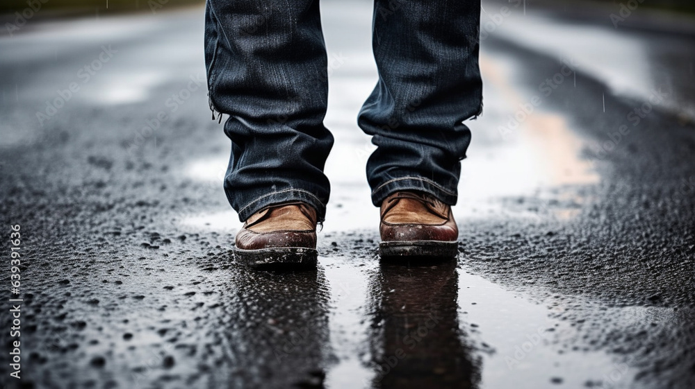 man with denim trousers and simple shoes stands next to a puddle of rain outside on the street in the pedestrian area, rainy day, rainy weather or autumn weather, wet street and path man with denim trousers and simple shoes stands next to a puddle of rain outside on the street in the pedestrian area, rainy day, rainy weather or autumn weather, wet street and path