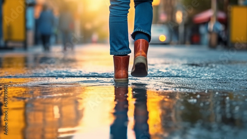 man with denim trousers and simple shoes stands next to a puddle of rain outside on the street in the pedestrian area, rainy day, rainy weather or autumn weather, wet street and path photo