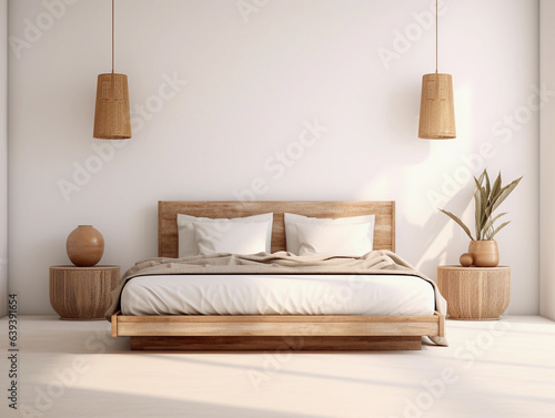 Modern beige bedroom with empty whate wall for mockups. Wooden double bed with pillows, cozy furniture. Room interior with copyspace.