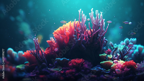 abstract underwater plants, marine flora, extraterrestrial or unknown on seabed seabed, neon glowing, plant life in ocean at depth or tropical