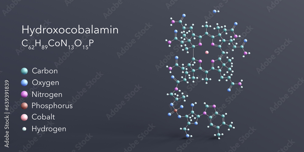 hydroxocobalamin molecule 3d rendering, flat molecular structure with chemical formula and atoms color coding hydroxocobalamin molecule 3d rendering, flat molecular structure with chemical formula and atoms color coding