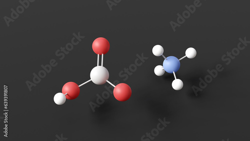 ammonium bicarbonate molecule, molecular structure, food additive е503, ball and stick 3d model, structural chemical formula with colored atoms photo