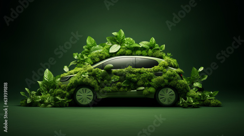 Little green eco car made of mos and leaves on green background