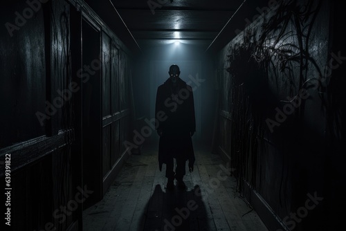 Horrific scene of a dark corridor with a scary silhoutte. Halloween horror. 