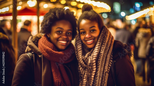 two adult female, african or afro american or fictitious, wear winter hat and thick winter jacket, joyful happy smile, on vacation in the crowd in a big city in the evening while strolling around