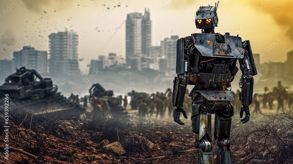 a damaged robot and an apocalyptic contaminated city, ruins and garbage dump or war and destruction, end of the world and end of mankind, atomically contaminated and radioactive a damaged robot and an apocalyptic contaminated city, ruins and garbage dump or war and destruction, end of the world and end of mankind, atomically contaminated and radioactive