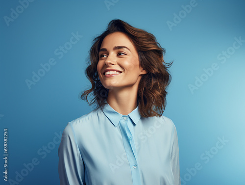 A cheerful and youthful woman stands confidently against a backdrop of solid color blue background
